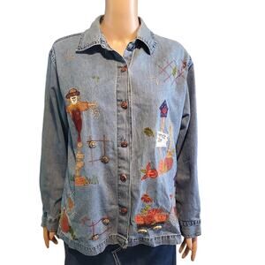 Vintage DressBarn Size 1X (L) denim pumpkin scarecrow embroidered button shirt
